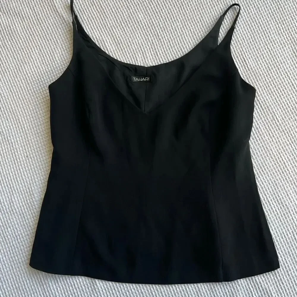 Tahari Black Lined Sleeveless Strap Blouse Top sz 12
